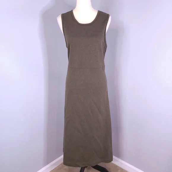 VTG 90's LL Bean Olive Green 100% Cotton Sleeveless Maxi Dress Made In USA MED - Picture 1 of 8